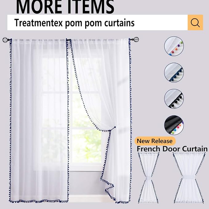 Treatmentex Pom Pom White Sheer Curtains for Living Room 63" Linen Texture Rod Pocket Window Sheers 52" w x 2 Panels, Rod Pocket Drapes
