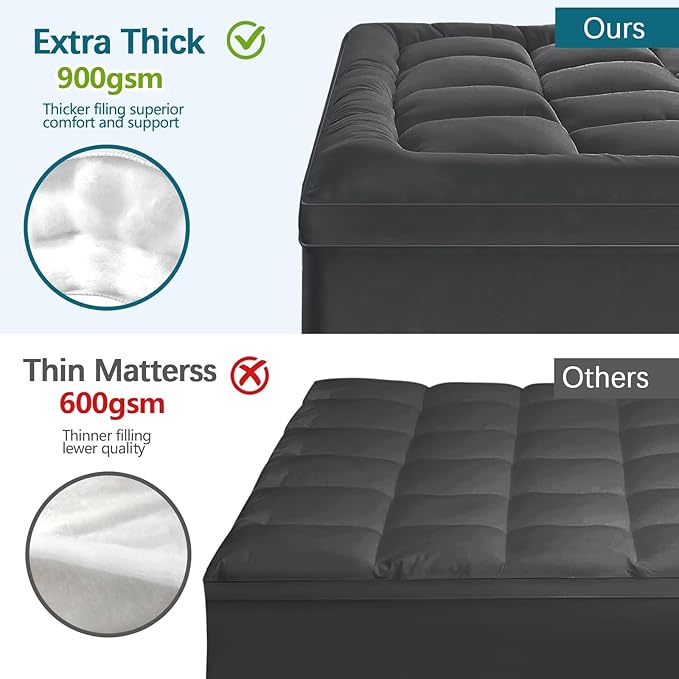 CYMULA Mattress Topper Short Queen Size - Extra Thick Cooling Mattress Pad Cover for Back Pain - Soft Mattress Protector Bed Topper Pillow Top with 8-21 Inch Deep Pocket 3D Snow Down Alternative Fill