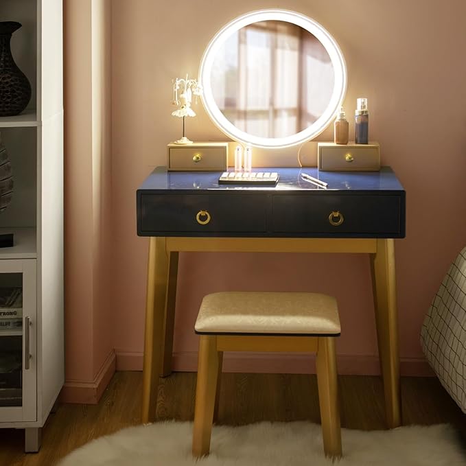 CHARMAID Vanity Desk with Lights, Navy Blue Makeup Vanity Desk with 3-Color Lighted Mirror, 4 Drawers, Cushioned Stool, Modern Bedroom Makeup Dressing Table for Small Place
