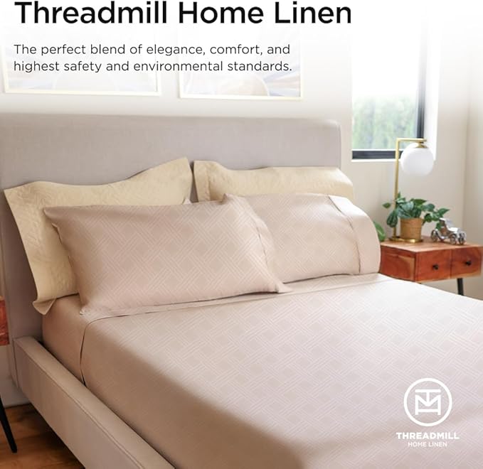Threadmill Luxury Full Size Sheets for Full Size Mattress | 800 Thread Count Cotton Sheets | Jacquard Celine Light Beige | Better Than Egyptian Cotton| 4 Pc Bed Sheets | with Elasticized Deep Pocket