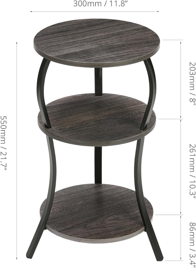 Vintage Small Round Side Table, 3-Tier Slim Waist Circular End Table with Storage Shelf, Compact Tea Sofa Side Table, Round Corner Coffee Table Nightstand for Living Room Bedroom Small Spaces,Grey
