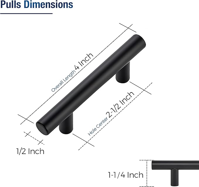 JOY DECOR 60 Pack Cabinet Handles, Black Cabinet Pulls, 2-1/2 in Hole Center Kitchen Hardware, Stainless Steel T Bar Handles for Dresser Drawers