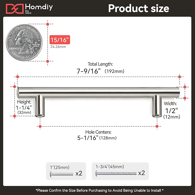 homdiy 25 Pack Modern Round Bar Cabinet Pulls, 5in Hole Center, Brushed Nickel Stainless Steel, Easy to Install, Durable