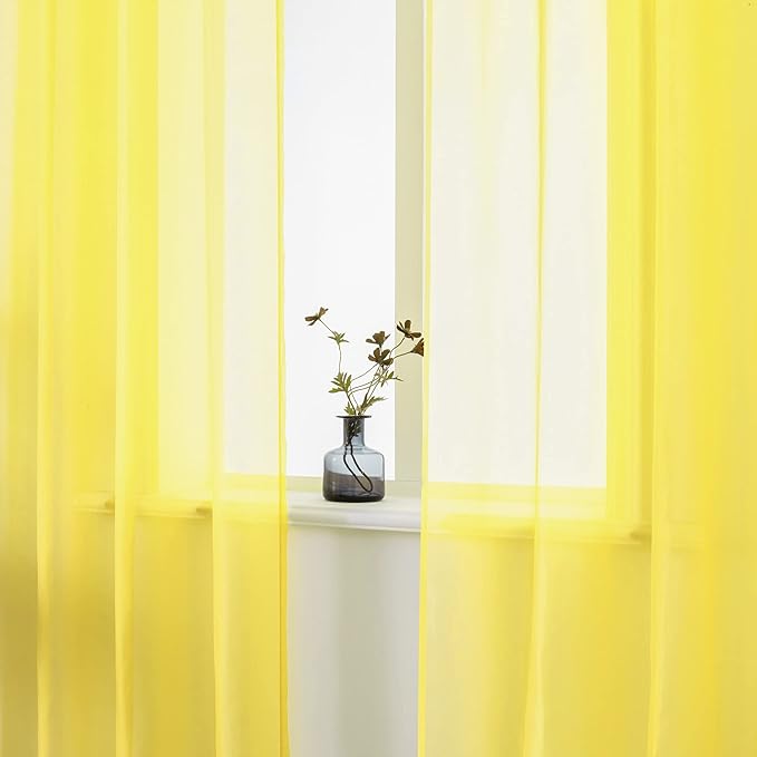 DUALIFE Yellow Sheer Curtains 84 Inches Long for Living Room Set 2 Grommet Look Soft Semi Transparent Voile Drape Window Sheer Curtains for Bedroom Boys 52x84 Length Solid Bright Color