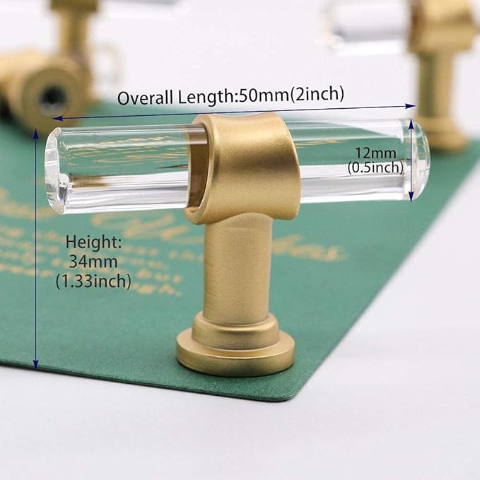 LONTAN 6 Pack Acrylic Kitchen Cabinet Knobs Gold Drawer Knobs Modern T Bar Clear Cabinet Door Handles White Kitchen Hardware for Dresser Bathroom,Zinc Alloy Base