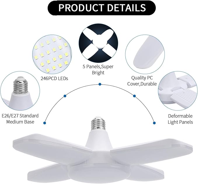 (4 Pack) LED Garage Lights, 60W Trilights Ceiling, High Low Bay Deformable Adjustable 4 Led Light Bulbs 6000LM 6000K, Screw in Tribright Garage Lighting Fixture,CRI80 Daylight