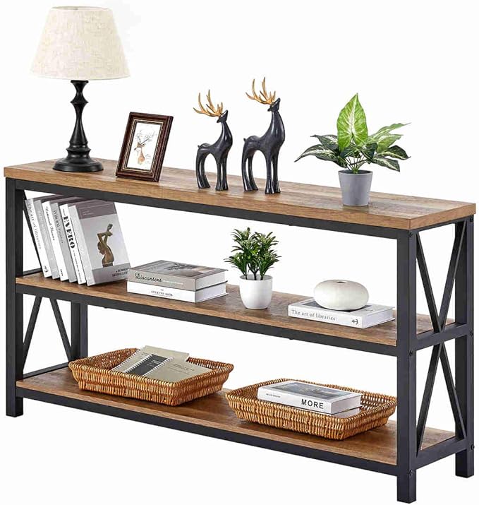 FATORRI Console Table for Entryway, Wood Sofa Table, Rustic Hallway Tables with 3-Tier Shelves for Living Room, Foyer (55 Inch, Rustic Oak)