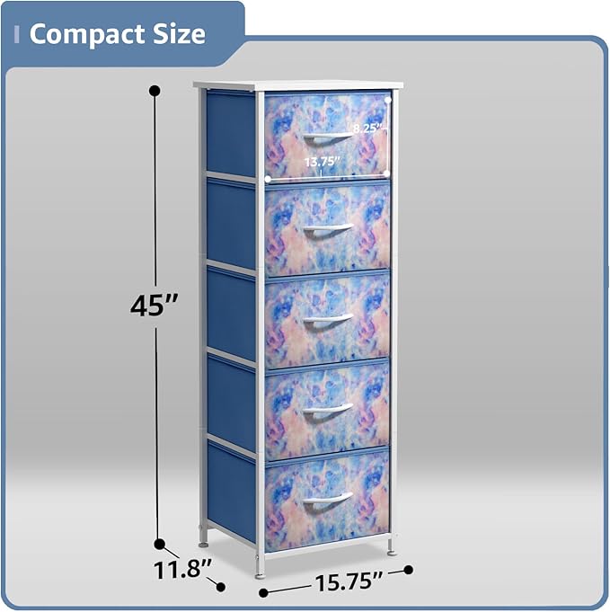 Sorbus Fabric Dresser for Kids Bedroom - Chest of 5 Drawers, Tall Storage Tower, Clothing Organizer, for Closet, for Playroom, for Nursery, Steel Frame, Fabric Bins - Wood Handle (Tie-dye Blue)