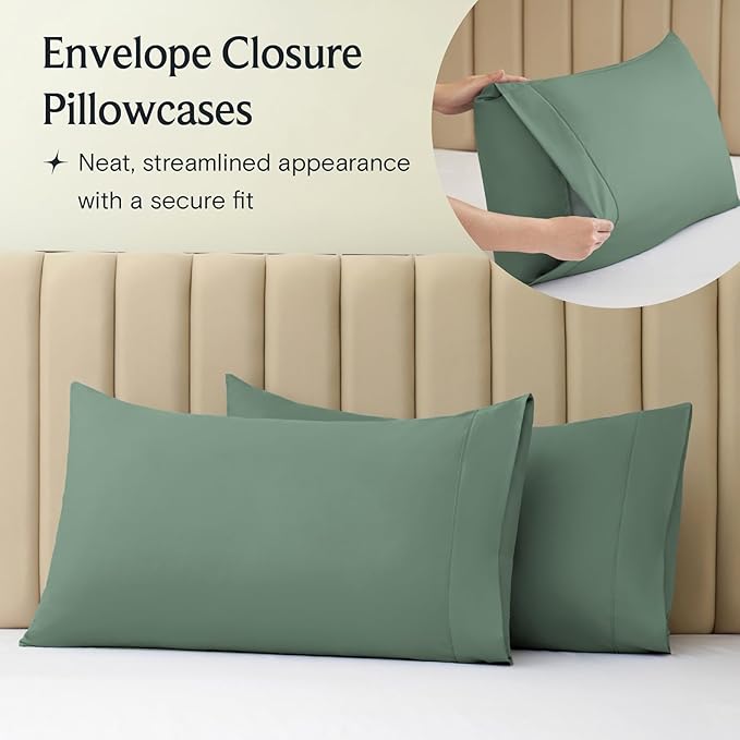 LuxClub 4 PC California King Sheet Set, Breathable Luxury Bed Sheets, Deep Pockets Wrinkle Free Cooling Sheets Machine Washable Hotel Bedding Silky Soft - Tree Moss Green Cal King