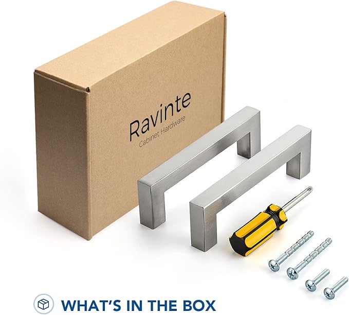 Ravinte 10 Pack Brushed Nickel Kitchen Cabinet Handles 4 Inch Cabinet Pulls Square Kitchen Hardware for Cabinet Drawer Pulls Drawer Handles Come with Screwdriver