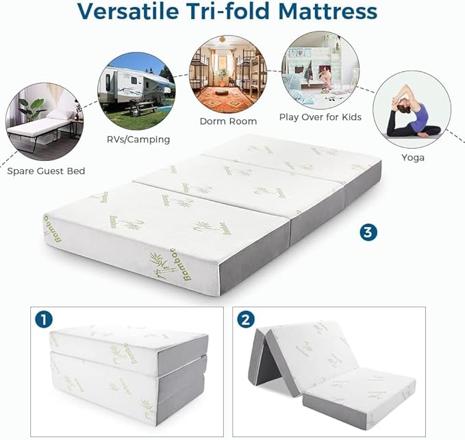 Inofia 6 Inch Folding Mattress, Trifold Memory Foam RV Mattress with Ultra Soft Removable Cover, Foldable & Portable for Camper/Truck/Trailer/Guest Bed, Short Queen Size (74" x 60" x 6")