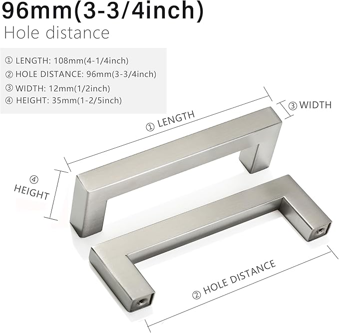 Cabinet Pulls Brushed Nickel Cabinet Handles Square Drawer Pulls, 30 Pack 3-3/4 Inch Stainless Steel Kitchen Door Cupboard Cabinet Handles, Cabinet Hardware Drawer Handles, 96mm Hole Centers
