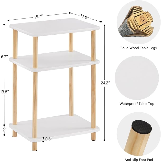 Apicizon 3 Tier Nightstand, End Table with Storage Shelf, Wooden Vinyl Record, Farmhouse Bedside Table for Small Spaces, Bedroom, Living Room, Easy Assembly, White+Natural