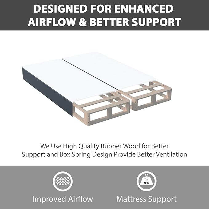 Treaton, 8-Inch Sturdy Wood Box Spring for Mattress Support - Durable and Fully Assembled, Natural Wood Foundation for Queen, Gray