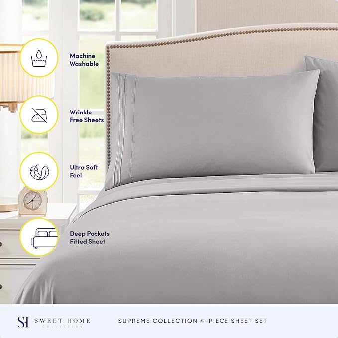 King Size Sheets - Breathable Luxury Bed Sheets with Full Elastic & Secure Corner Straps Built In - 1800 Supreme Collection Extra Soft Deep Pocket Bedding, Sheet Set, EXTRA DEEP pocket - King, Silver