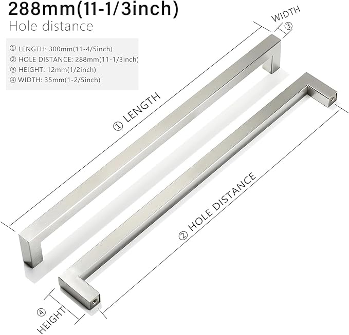 Cabinet Pulls Brushed Nickel Cabinet Handles Square Drawer Pulls, 50 Pack 11-1/3 Inch Stainless Steel Kitchen Door Cupboard Handles, Cabinet Hardware Drawer Handles, 288mm Hole Centers