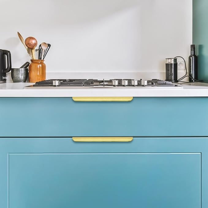 Ravinte Hardware 8 Pack Gold Cabinet Handles, 7.8 Inch (200mm) Finger Edge Pulls, 6-1/4 Inch Hole Center, Finger Pulls for Cabinets
