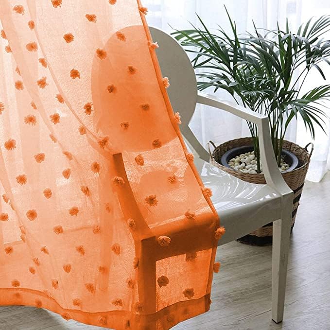 MYSKY HOME Orange Sheer Short Curtains with Pom Pom for Small Windows Bedroom Nursery Kids Girls Room Curtains Cafe Kitchen Light Filtering Boho Drapes, Rod Pocket,38 x 45 Inches, 2 Panels