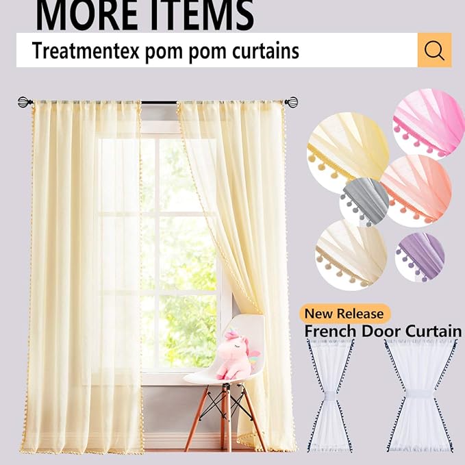 Treatmentex Pompom Sheer Curtains for Kids-Room 72" Aqua-Blue Slub Textured Window Sheer Panels for Bedroom Living Room 52" Wide, 2 Panels Rod Pocket