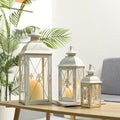 TRIROCKS 3-Pack Decorative Lanterns - 19" Vintage Metal Candle Holders with Tempered Glass - Perfect for Christmas, Living Room, Garden, Patio, Indoor & Outdoor Events (White with Gold Brush Finish)