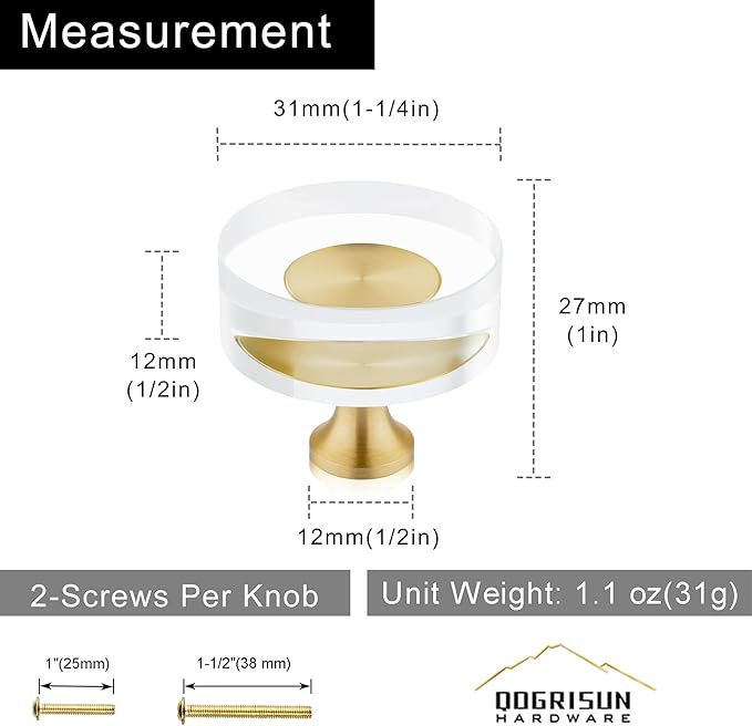 QOGRISUN 20-Pack Brass Crystal Cabinet Knobs,Glass Crystal Gold Drawer Knobs,1-1/4-Inch Round, Decorative Dresser Pulls, Modern Cabinet Hardware