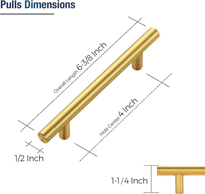 JOY DECOR 5 Pack Cabinet Handles, Gold Cabinet Pulls, 4 in Hole Center Kitchen Cabinet Handles, Stainless Steel T Bar Handles for Dresser Drawers