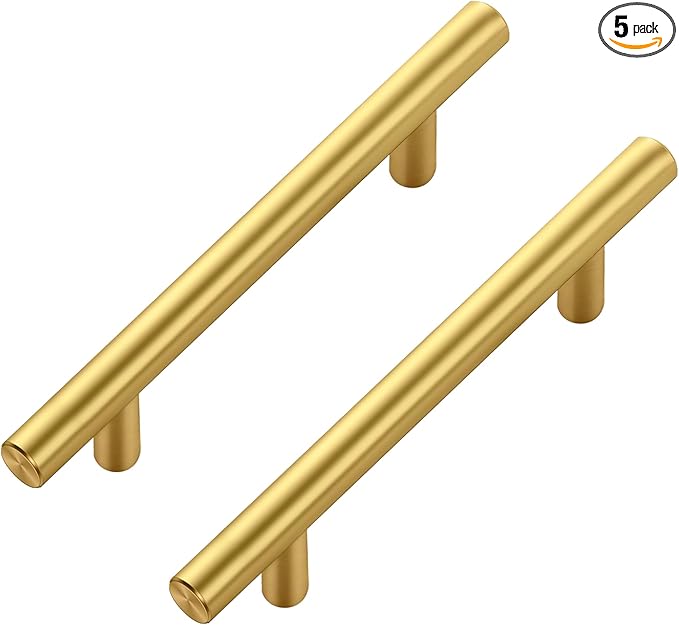 JOY DECOR 5 Pack Cabinet Handles, Gold Cabinet Pulls, 3-3/4 in Hole Center Kitchen Cabinet Handles, Stainless Steel T Bar Handles for Dresser Drawers
