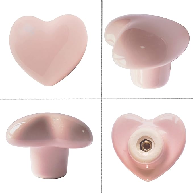 Ceramic Drawer Knobs Heart Shape Cabinet Dresser Pulls Handles with 3 Sized Screws, Kitchen Furniture Knobs for Closet Cupboard Wardrobe (6, Powder Pink)
