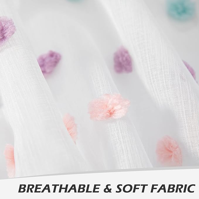 MYSKY HOME Pom Pom Sheer Curtains for Girls' Bedroom and Nursery - Rainbow 72 Inch Long Door Curtains with Rod Pocket - Semi-Transparent, Light Filtering - 52 x 72 Inch, 2 Panels