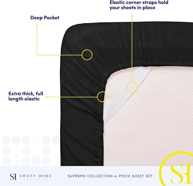Queen Size Bed Sheets - Breathable Luxury Sheets with Full Elastic & Secure Corner Straps Built In - 1800 Supreme Collection Extra Soft Deep Pocket Bedding Set, Sheet Set, Queen, Black