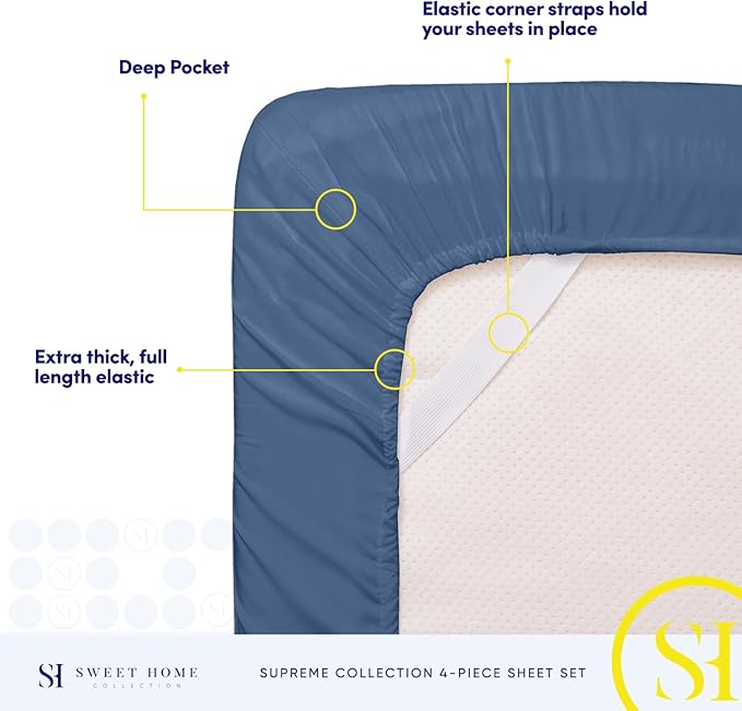 Split King Sheets - Breathable Luxury Sheets with Full Elastic & Secure Corner Straps Built In - 1800 Supreme Collection Extra Soft Deep Pocket Bedding Set, Sheet Set, Split King Size, Denim
