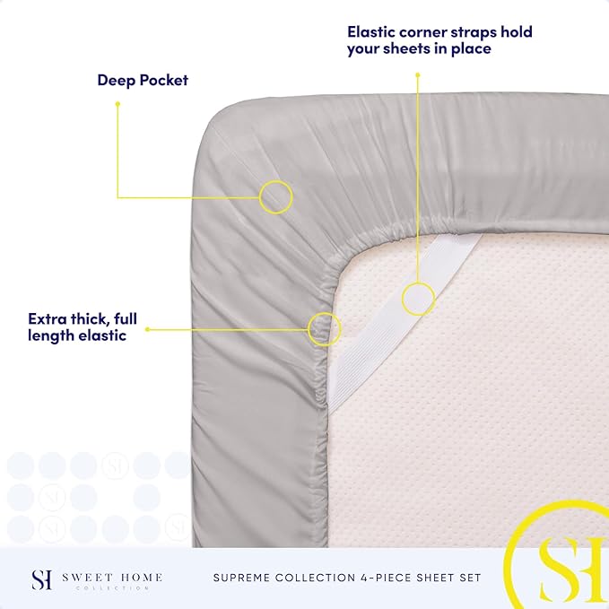 Queen Size Bed Sheets - Breathable Luxury Sheets with Full Elastic & Secure Corner Straps Built In - 1800 Supreme Collection Soft Deep Pocket Bedding, Sheet Set, EXTRA DEEP pocket - Queen, Silver