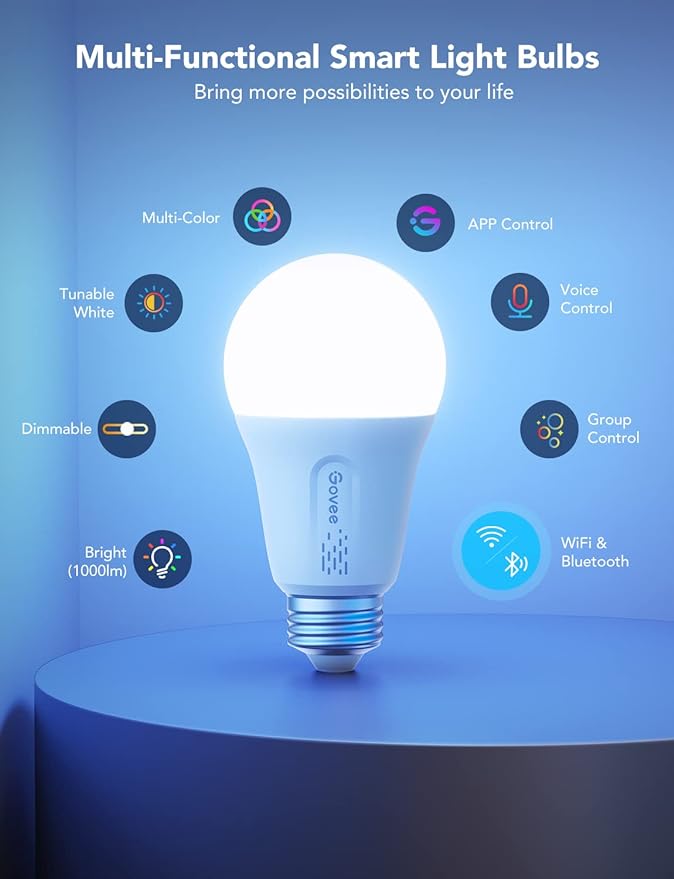 Govee LED Smart Light Bulbs, 1000LM Color Changing Light Bulb, Wi-Fi & Bluetooth Light Bulbs, Work with Alexa and Google Assistant, Dimmable RGBWW A19 75W Equivalent Smart Bulbs, 8 Pack
