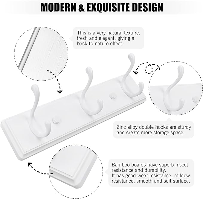 Wooden Coat Rack, Wall-Mounted Organizer for Closet, Entryway, Hallway, Foyer, Bedroom, Heavy Duty Double Hooks for Hanging Towels, Bags, Hats, Jackets, Key (White, 3 Hooks)