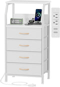 Furnulem Night Stand with Charging Station, Dresser with PVC & Fabric Drawers, 33.3 Inch Side Table with Open Shelf, Tall Bedside Table for Closet, Entryway, Bedroom Furniture, 3 Ways to Use, White