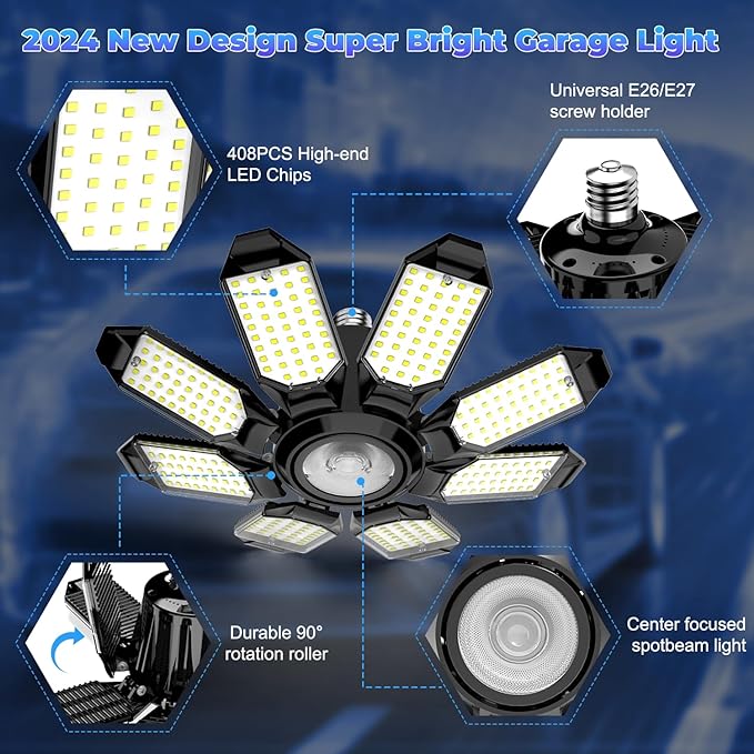 LED Garage Light - 2Pack Bright 50000LM Garage Lights Ceiling Led w/ 8 Deformable Panels 6500K Led Light Bulb Srew in E26/E27 Socket with Adjustable Center Spotlight for Barn Workshop Attic