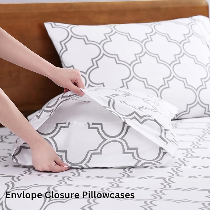 LANE LINEN 100% Organic Cotton Printed Sheets Queen Size Bed Set, Fade Resistant Fully Elasticized Reinforsed Seam in Fitted Sheets Pocket, Avaialbe in Variety of Prints- Trellis Silver