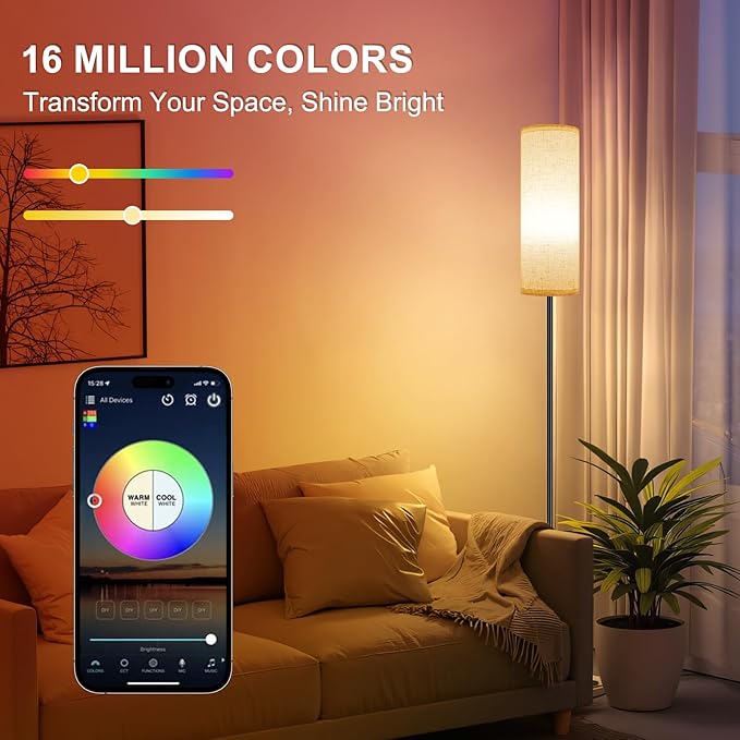 FRIDEKO HOME Floor Lamps for Living Room, Dimmable 3 Colors Temperature, Modern Corner Floor Lamp with Remote, Tall LED Standing Lamps for Kid Room Bedroom, Foot Switch, Beige Shade, 9W Smart Bulb
