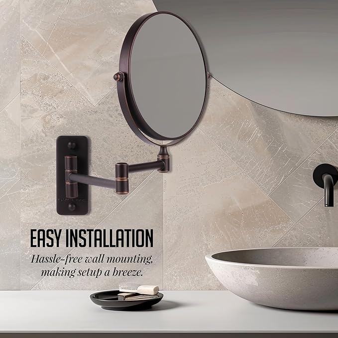 OVENTE 7" Wall Mounted Makeup Mirror with 1X/10X Magnification, Double Sided Magnifying Round Bathroom Vanity Mirror, 360° Swivel Design, Extendable and Folding Arm, Antique Bronze MNLFW70ABZ1X10X