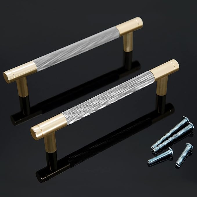 Knurled Cabinet Pulls 6 Pack, 6 Inch Long Cabinet Handles Metal Door Pulls, Kitchen Drawer Pull Knurled Dresser Handles - 5" Hole to Hole, Grey & Gold