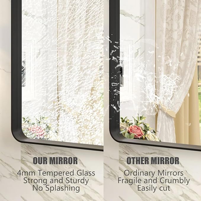 66x36 Inch Black Metal Framed Bathroom Mirror for Wall, Large Rounded Rectangle Mirror, Matte Black Bathroom Vanity Mirror, Anti-Rust, Shatterproof, Hangs Horizontally or Vertically