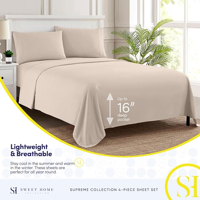 Full Size Sheet Sets - Breathable Luxury Sheets with Full Elastic & Secure Corner Straps Built In - 1800 Supreme Collection Extra Soft Deep Pocket Bedding Set, Sheet Set, Full, Beige