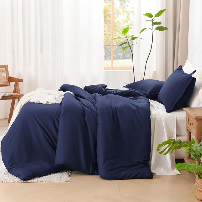 Litanika Comforters Navy Blue Oversized King Size, 3 Pieces Lightweight Solid Bedding Set & Collections, All Season Fluffy Bed Set (120x98In Comforter & 2 Pillowcases)