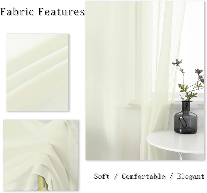 DUALIFE Cream Beige Sheer Curtains 108 Inches Extra Length for Bedroom Decor 2 Panels Light Filtering Semi Sheer Curtains Farmhouse Style for Living Room 9 FT Ivory