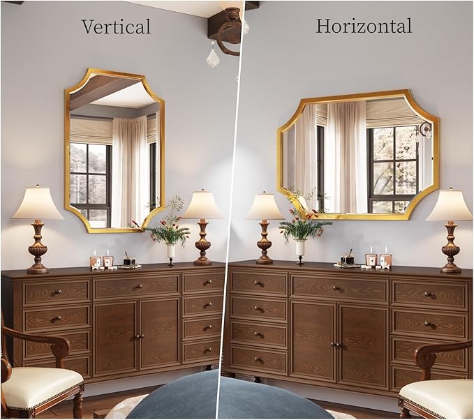 Kelly Miller 24"x36" Gold Mirror for Wall, Gold Scalloped Mirror Vanity Mirror Decorative Wall Mirror Art Beveled Framed for Master Bath Half Bath Living Room Fireplace Mantle Hallyway Entryway