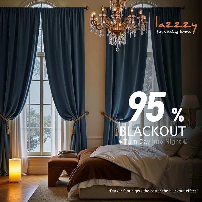 Lazzzy Velvet Blackout Curtains Thermal Insulated Room Window Drapes Super Soft Luxury Curtains for Living Room Bedroom Rod Pocket 2 Panels, Dark Slate, 52" W x 96" L
