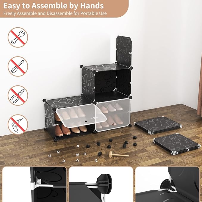 ROJASOP Portable Shoe Rack Organizer 6-Tier Shoe Cabinet 24-Pair shoe Storage Expandable Free Standing Stackable Space Shoe Rack with 2 exclusive Versatile Hooks for Bedroom Black