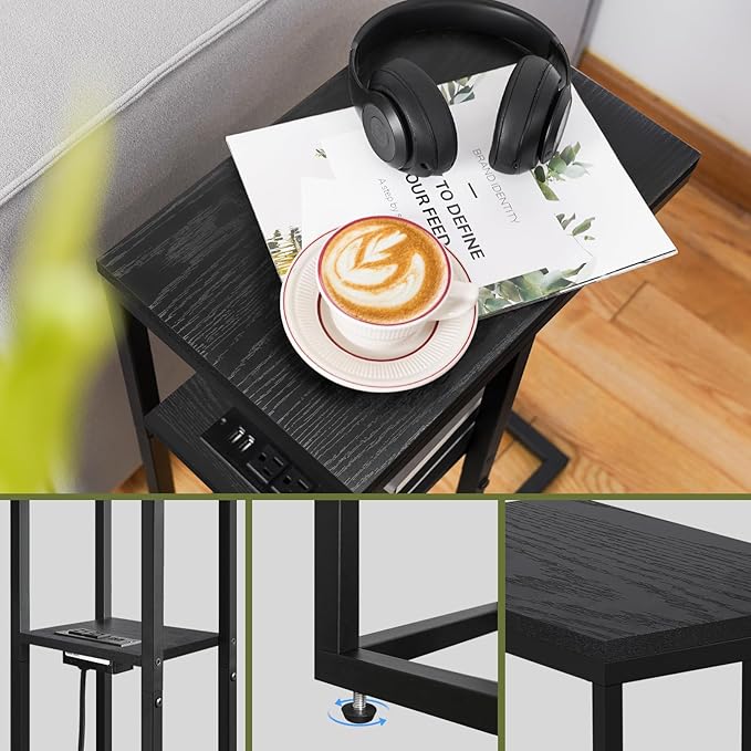 Yoobure LED C Shaped End Table with Charging Station, Small Side Tables for Living Room Bedroom, TV Tray Table with USB Ports and Outlets for Small Spaces, C Table for Couch Sofa, Bed Side Table