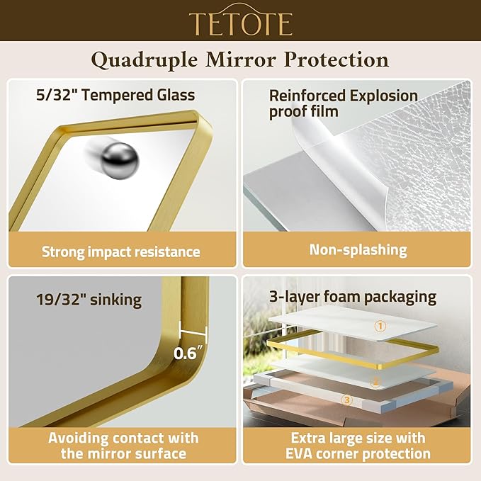 TETOTE 24 x 30 Gold Bathroom Mirror Brushed Gold Metal Framed Vanity Mirror, Tempered Glass, Wall Mounted for Bathroom, Entryway, Bedroom, Living Room(Horizontal/Vertical)