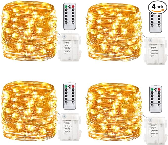 GDEALER 4 Pack 16.4 Feet 50 Led Fairy Lights Battery Operated with Remote Control Timer Waterproof Copper Wire Twinkle String Lights for Christmas Bedroom Indoor Outdoor Wedding Dorm Decor Warm White